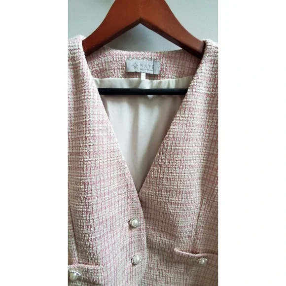 WAYF Blazer M Calling Elle Woods Boucle Check Pearl Rhinestone Button Pink/Gold - Picture 6 of 11